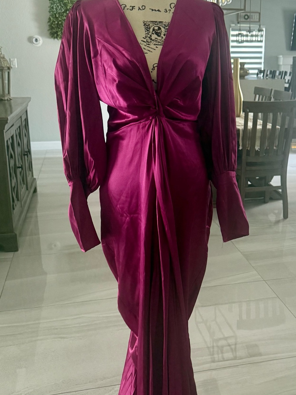 Elegant Twist-Front Satin Maxi Dress in Deep Magenta